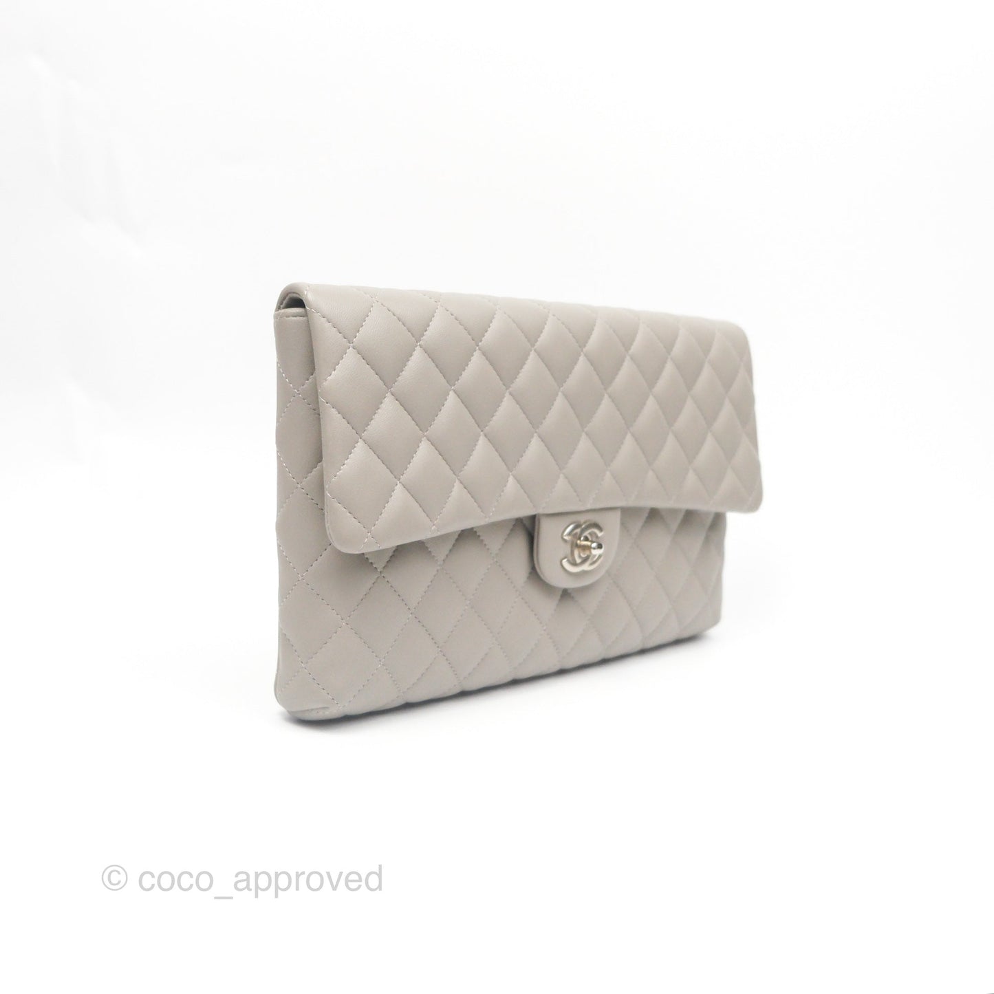 Chanel Classic Flap Clutch Quilted Light Grey Lambskin Silver Hardware