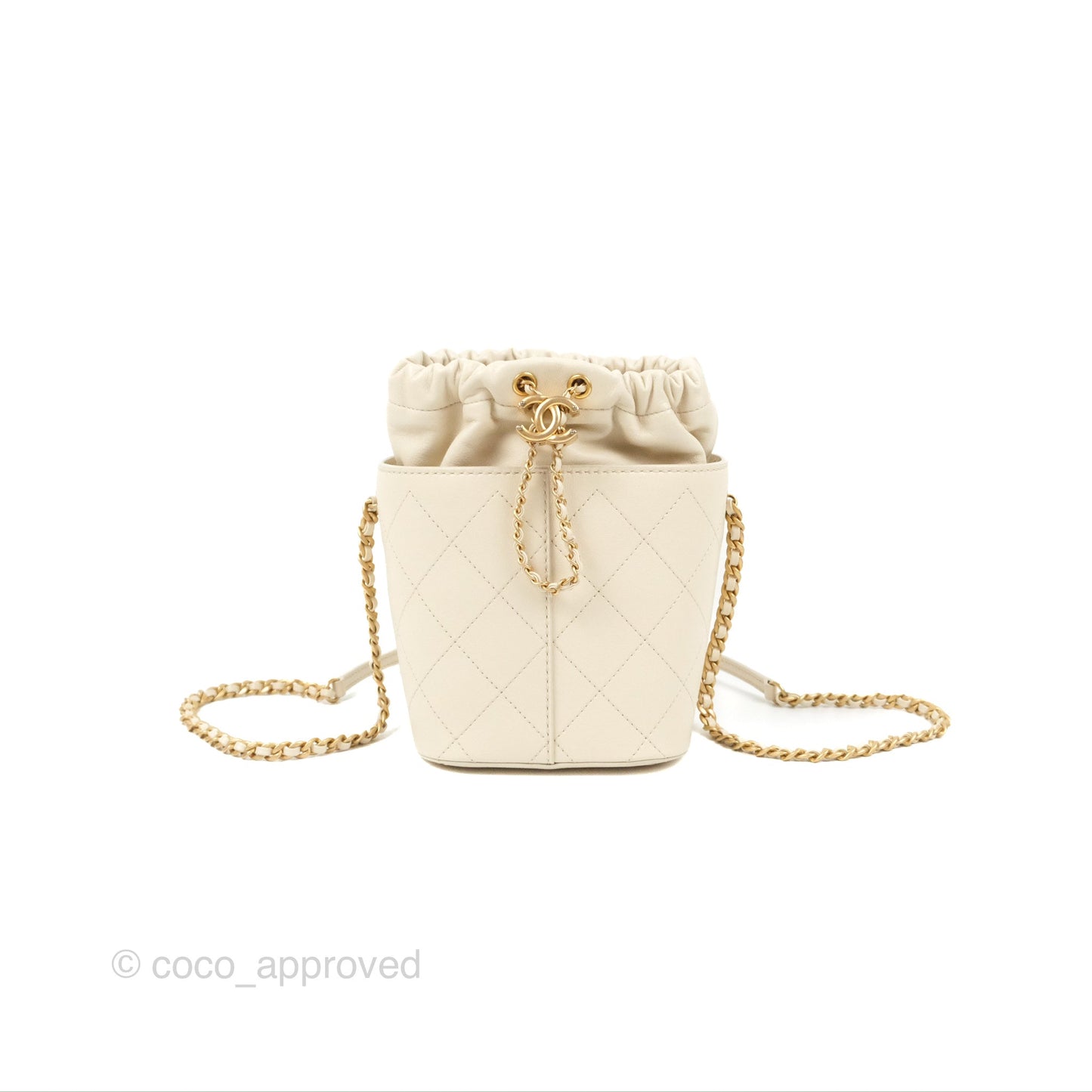 Chanel Quilted Drawstring Bucket Bag Ivory Lambskin Aged Gold Hardware 19C