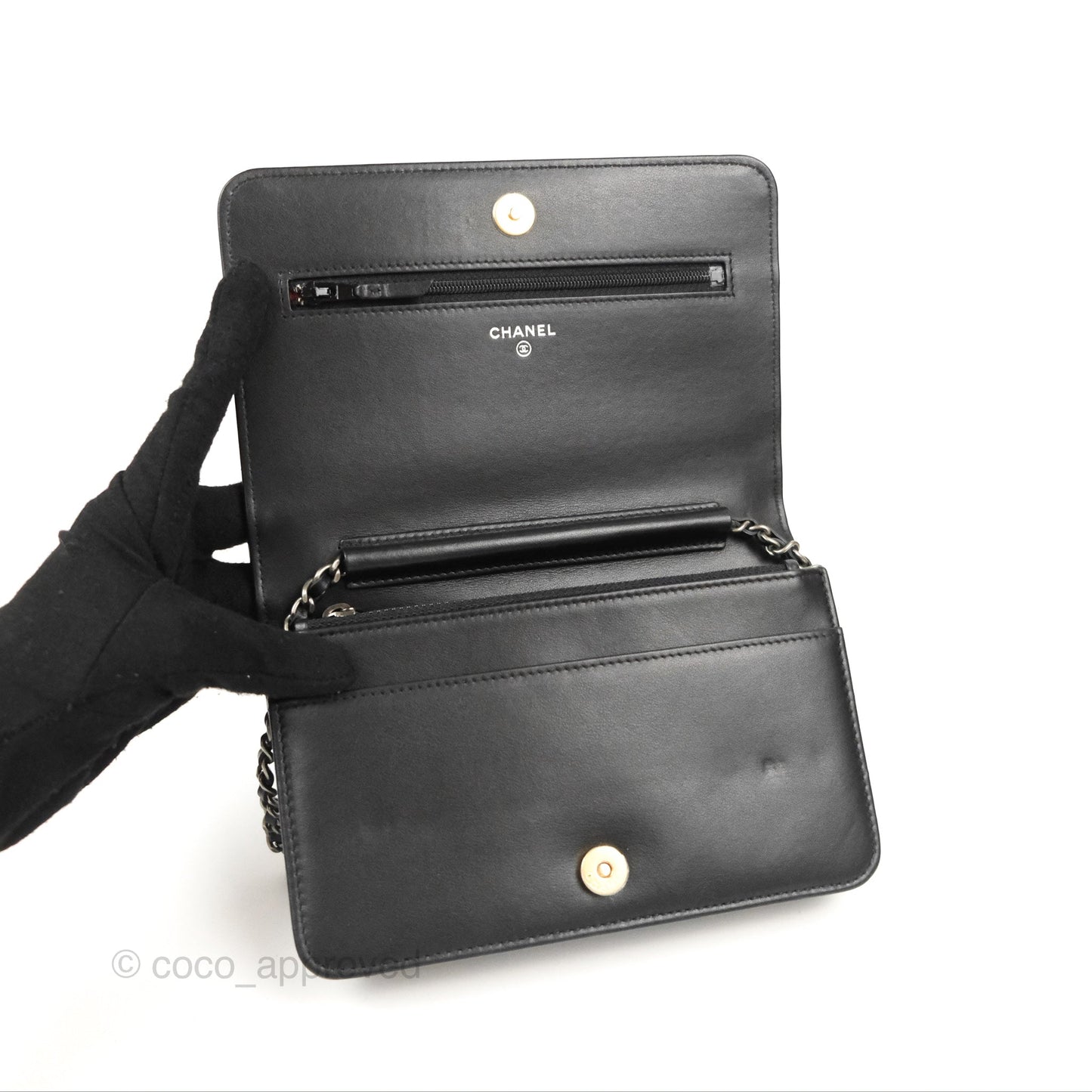 Chanel Chevron Wallet on Chain WOC Black Calfskin Gold Hardware