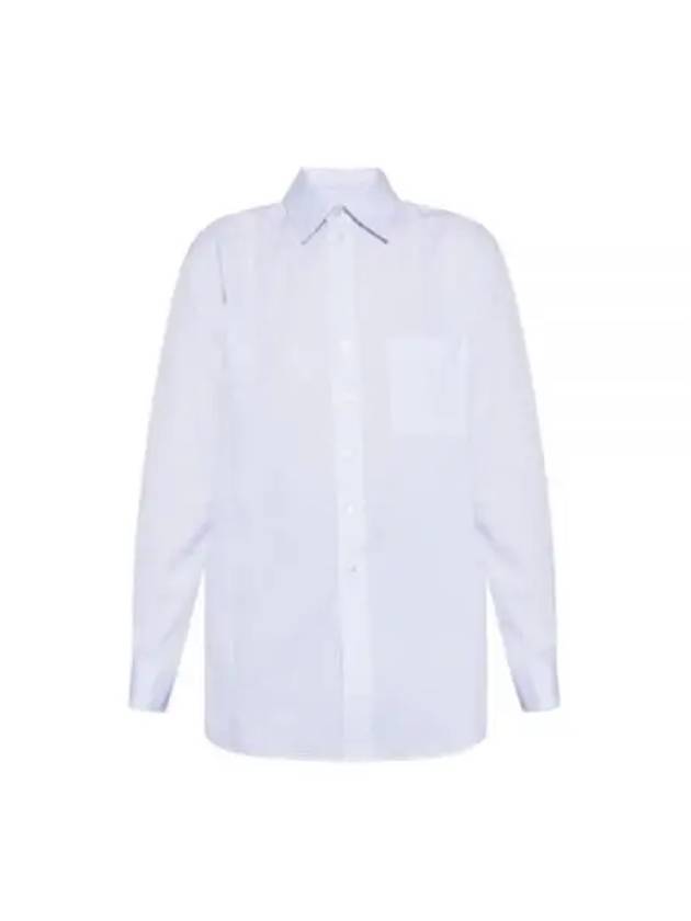 Luxury Saint Laurent Striped Cotton Poplin Monogram Long Sleeve Shirt Blan Bleu