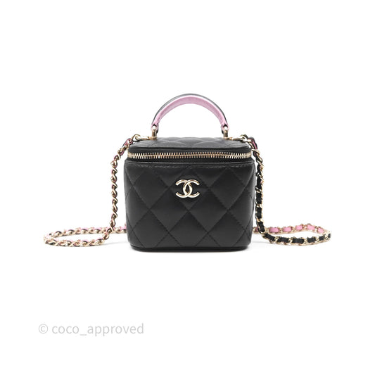 Chanel Mini Top Handle Vanity With Chain Black/ Pink Lambskin Gold Hardware