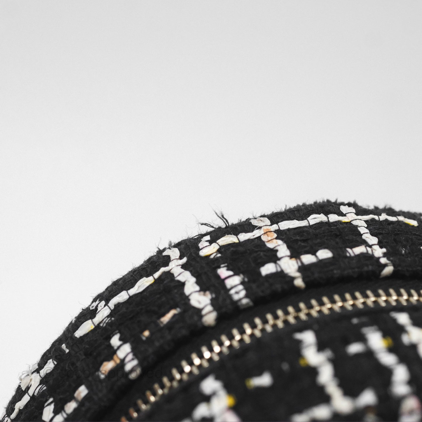 Chanel Classic Quilted Round Clutch With Chain Black Tweed Gold Hardware