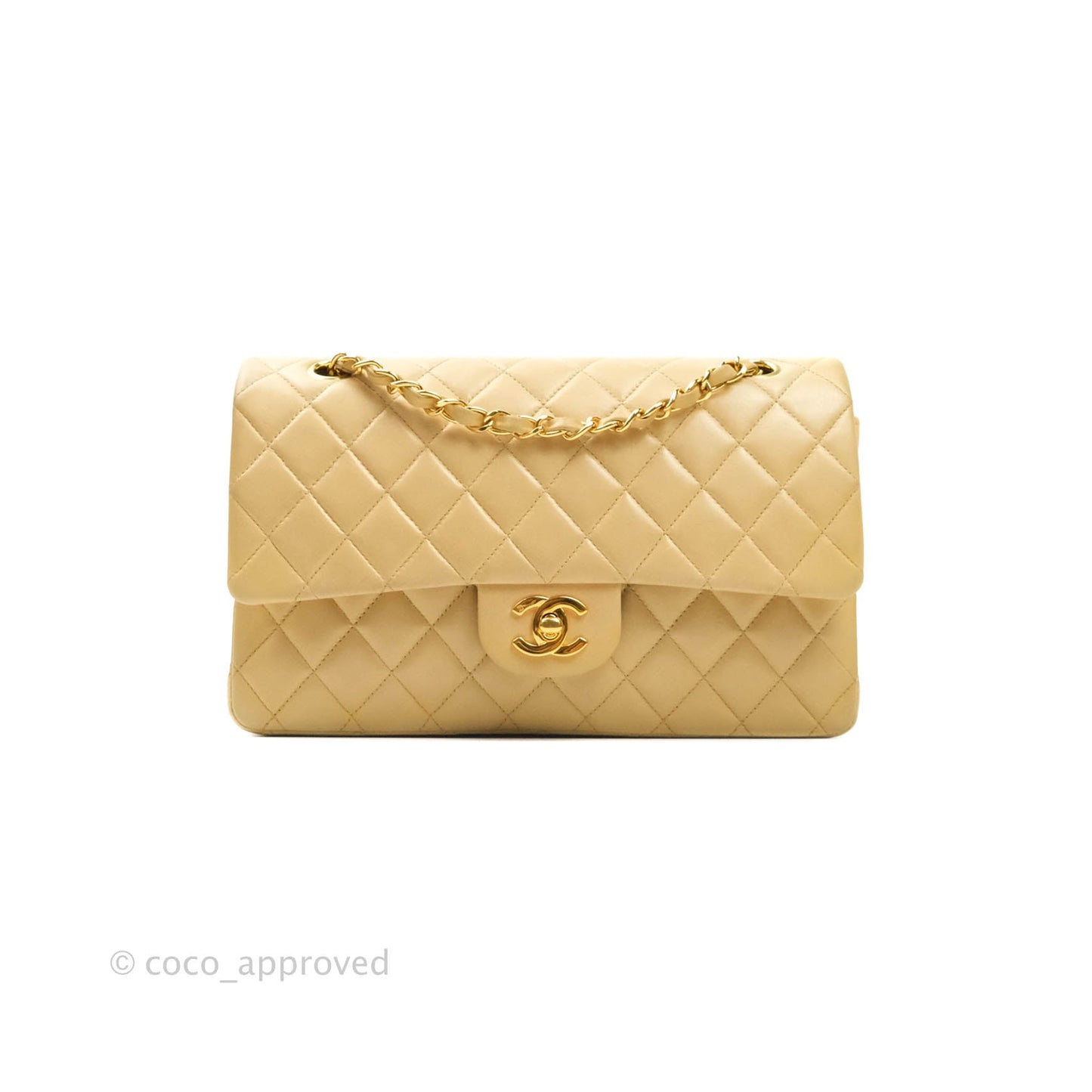 Chanel Vintage M/L Medium Double Flap Bag Beige Lambskin 24K Gold Hardware