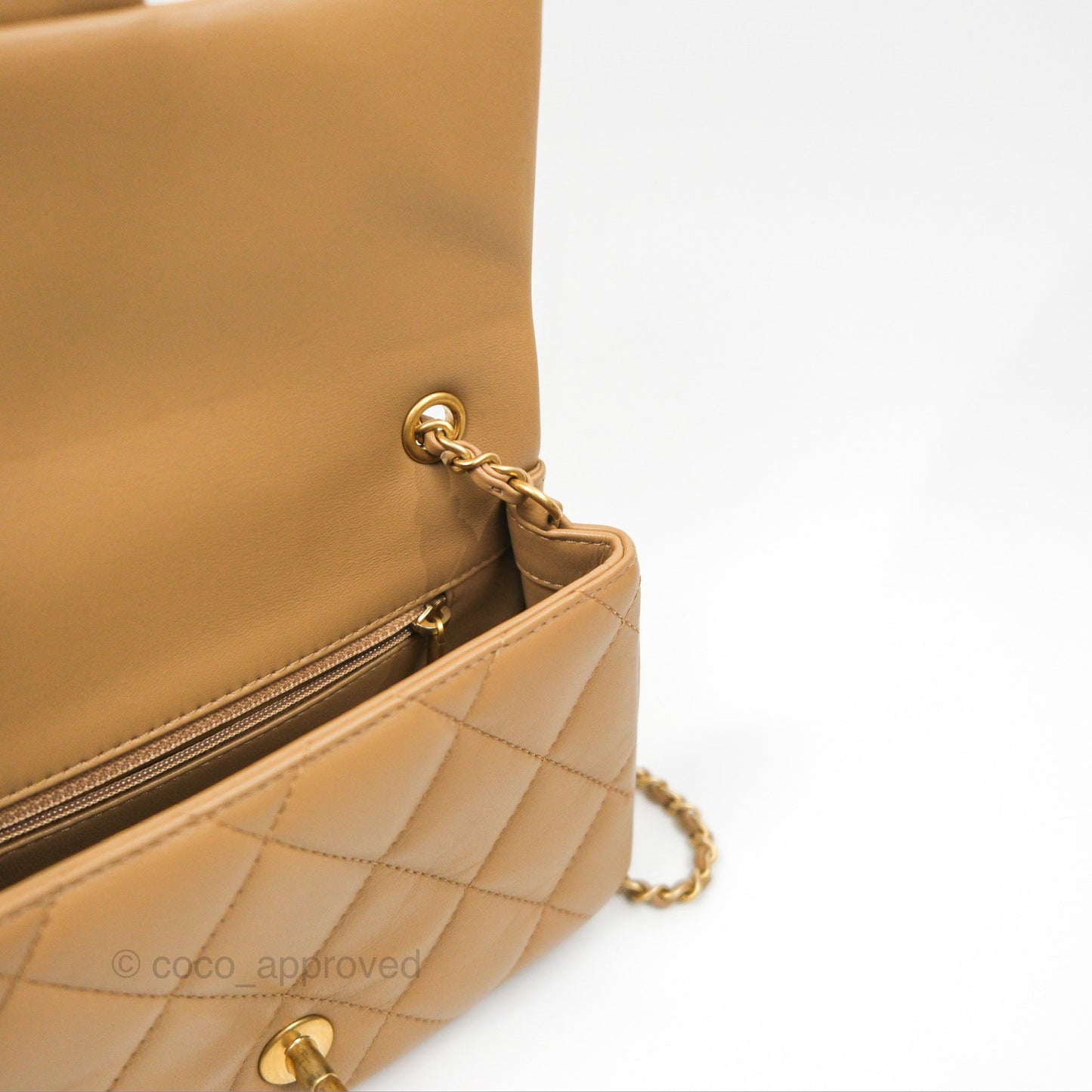 Chanel Mini Flap Bag With Heart CC Charm Dark Beige Lambskin Aged Gold Hardware