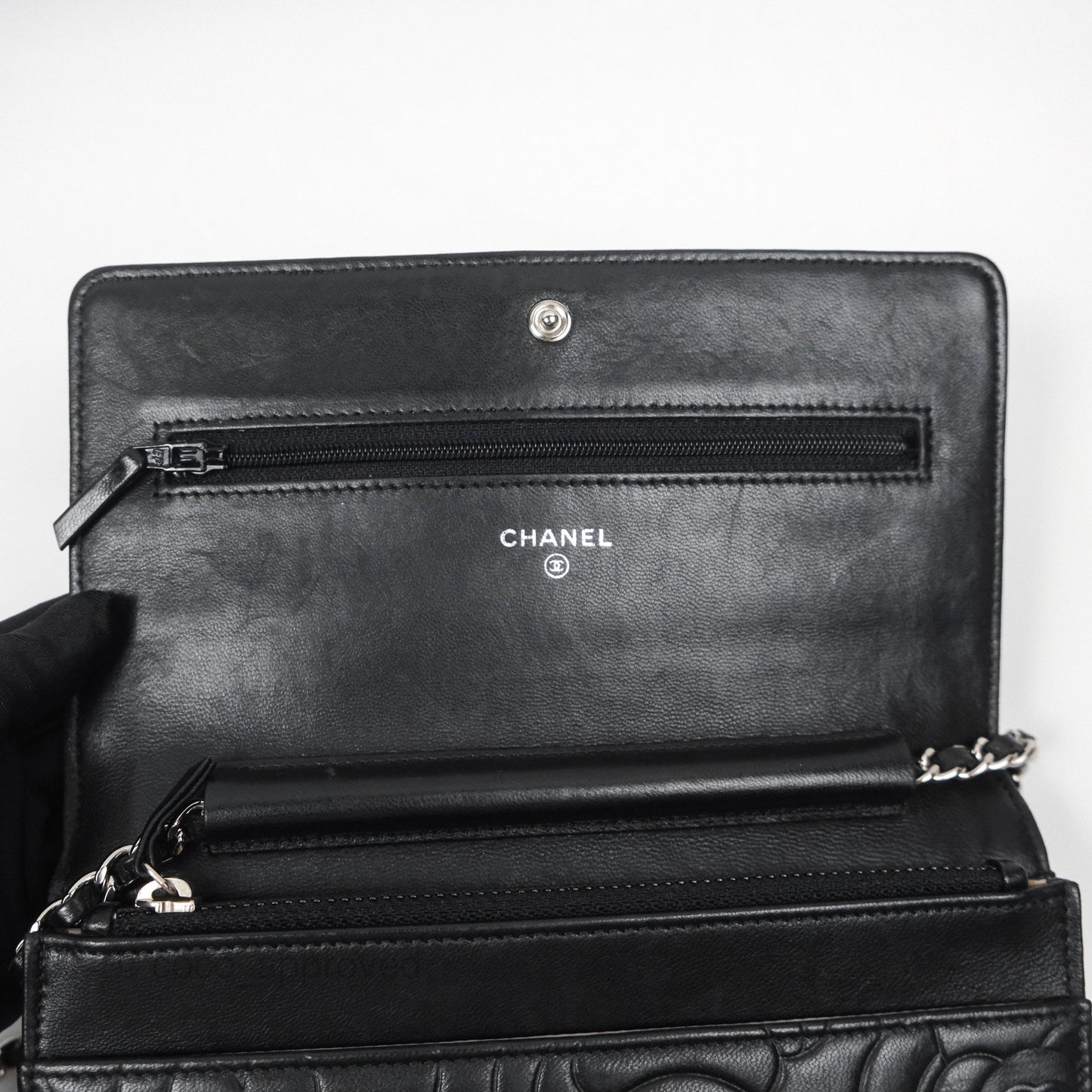 Chanel Camellia Embossed Wallet on Chain WOC Black Lambskin Silver Hardware