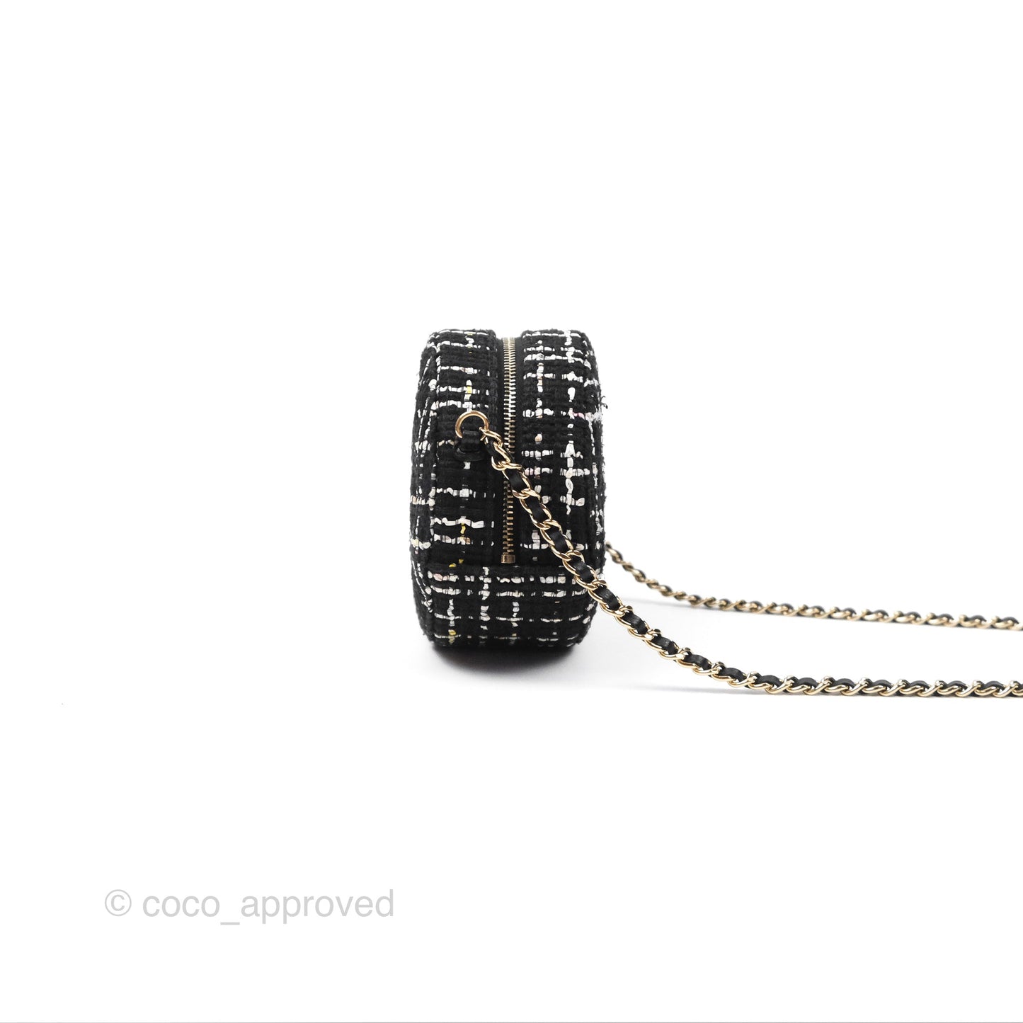 Chanel Classic Quilted Round Clutch With Chain Black Tweed Gold Hardware