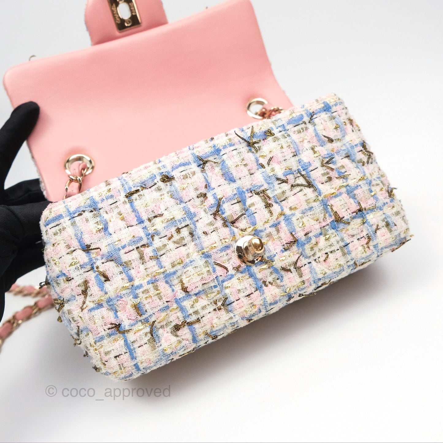 Chanel Mini Rectangular Flap Pink/ Blue/ Gold Tweed Gold Hardware