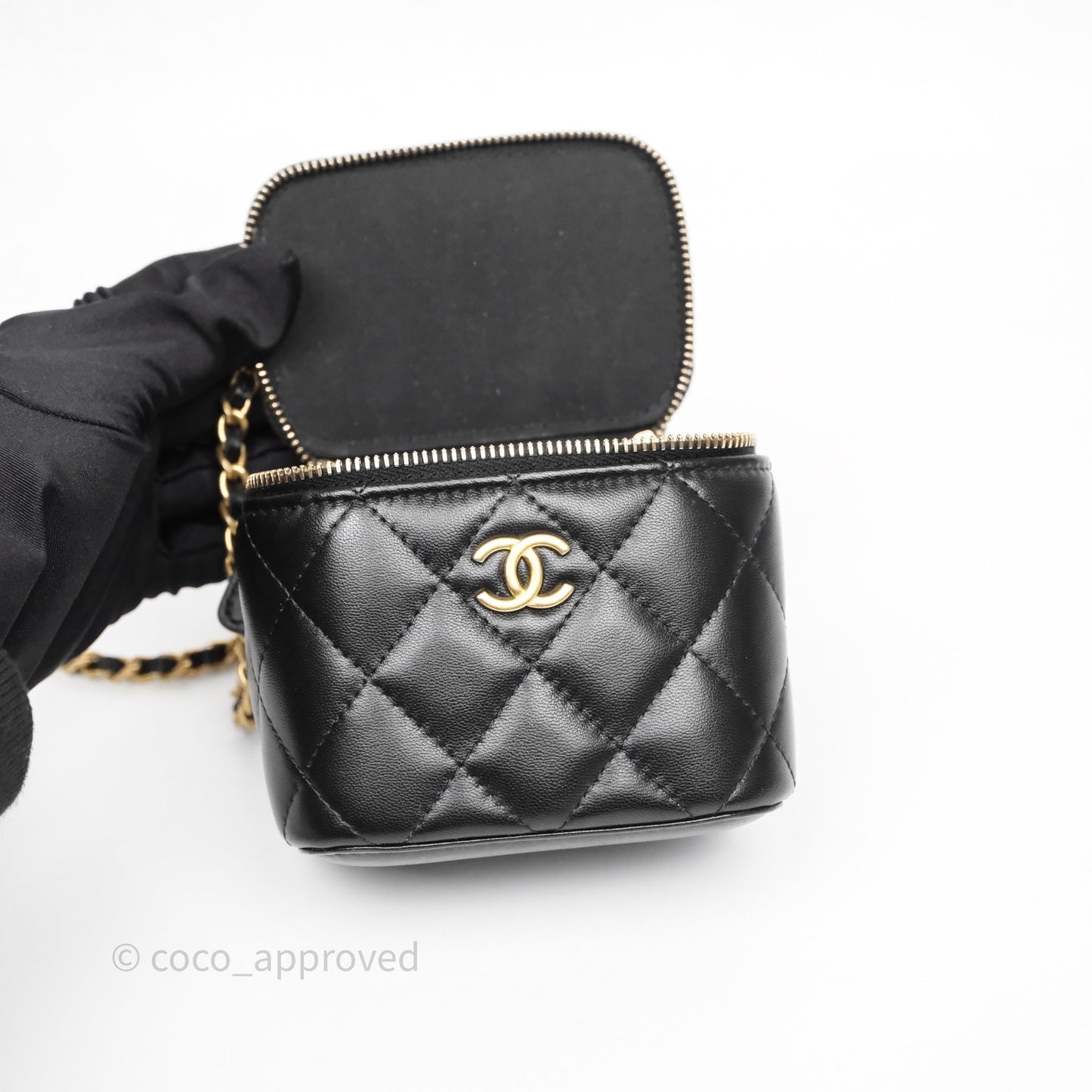 Chanel Mini Top Handle Vanity With Chain Black Lambskin Aged Gold Hardware