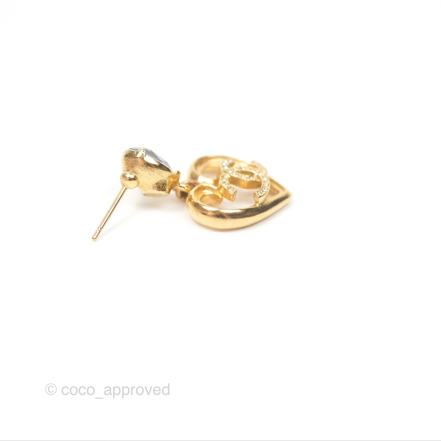 Chanel Oval Blue Resin Heart CC Drop Earrings Gold Tone 23C