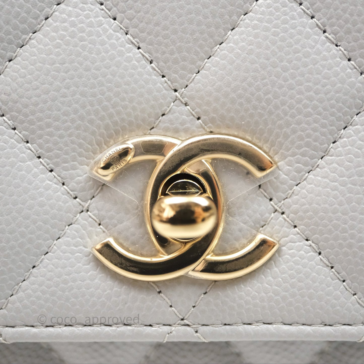 Chanel Coco Handle Clutch with Chain Quilted Light Grey Caviar Gold Hardware
