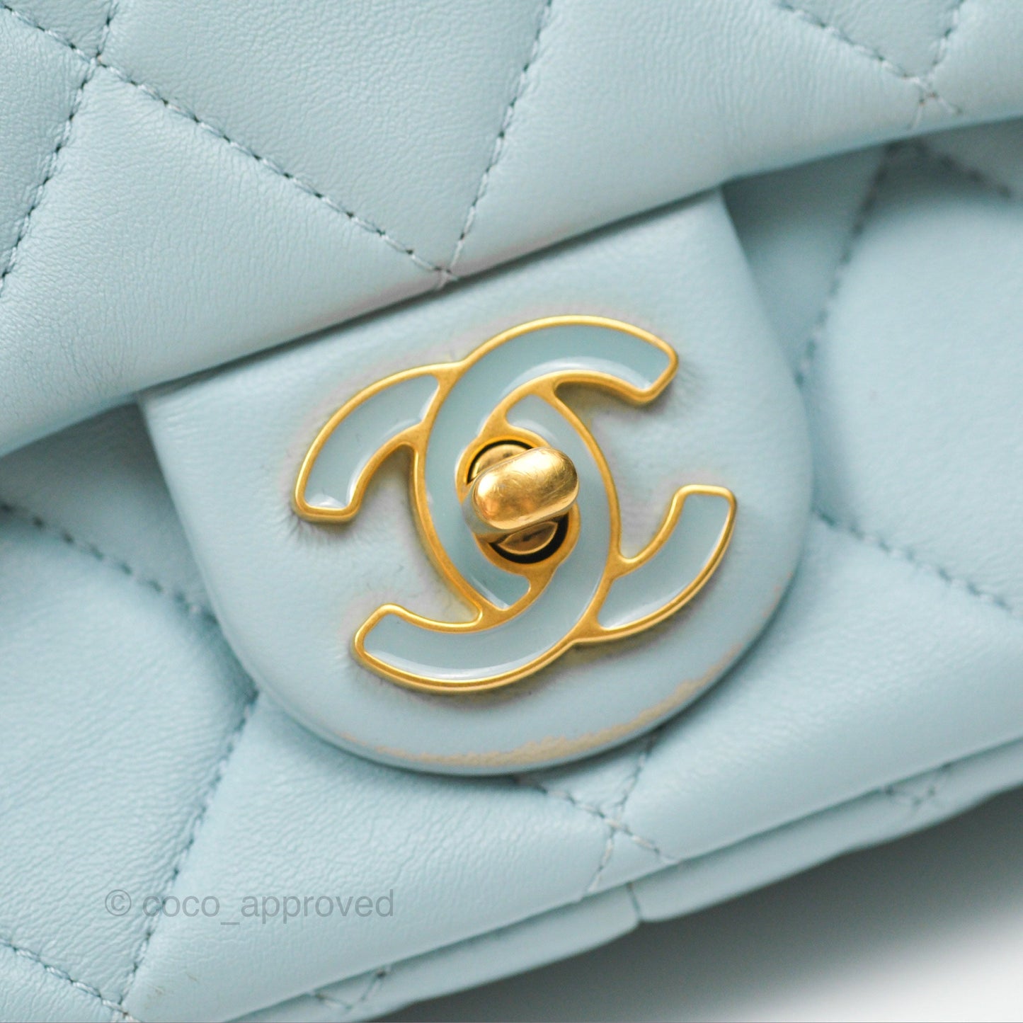 Chanel Quilted Enamel Pending CC Mini Square Flap Baby Blue Lambskin 22P