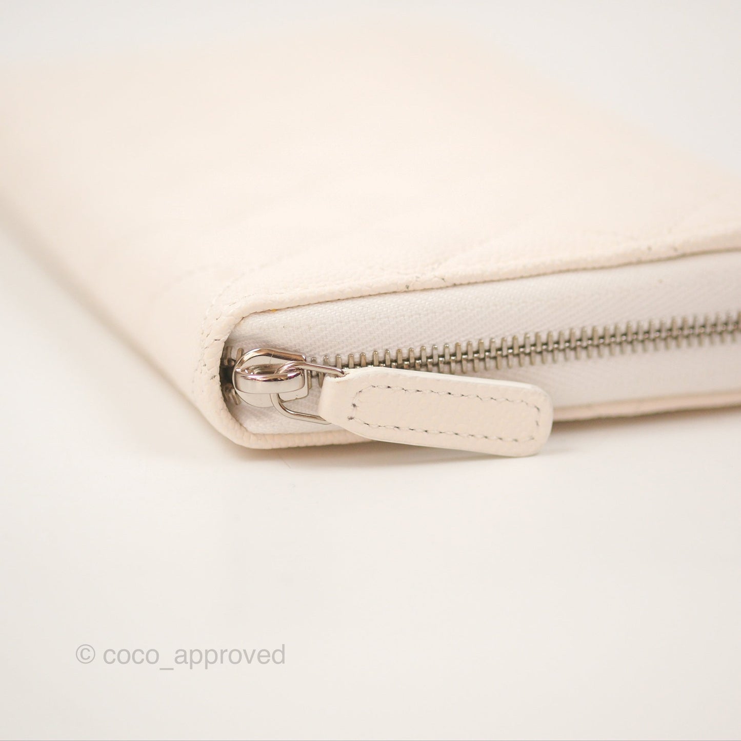 Chanel Quilted Zip Long Wallet White Caviar Silver Hardware