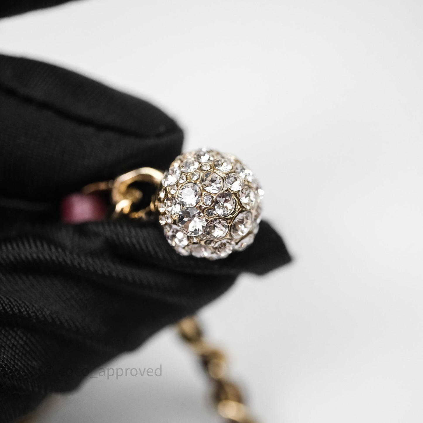 Chanel Quilted Phone Holder Crystals Pearl Crush Red Velvet Gold Hardware