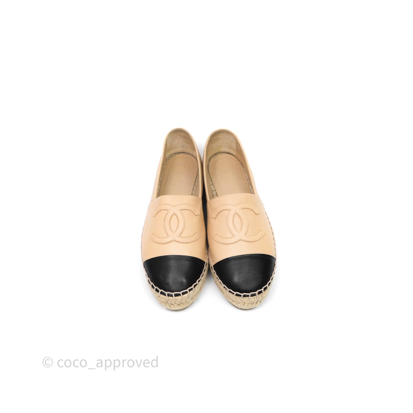 Chanel CC Espadrilles Beige Black Lambskin Size 36