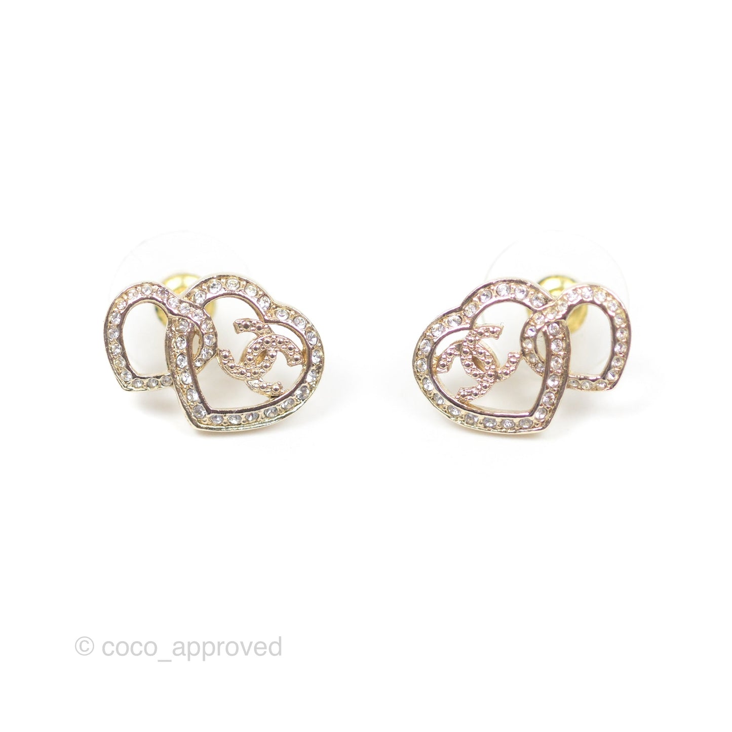 Chanel Crystal CC Double Heart Earrings Gold Tone 23B