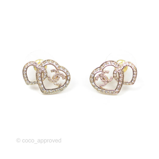Chanel Crystal CC Double Heart Earrings Gold Tone 23B