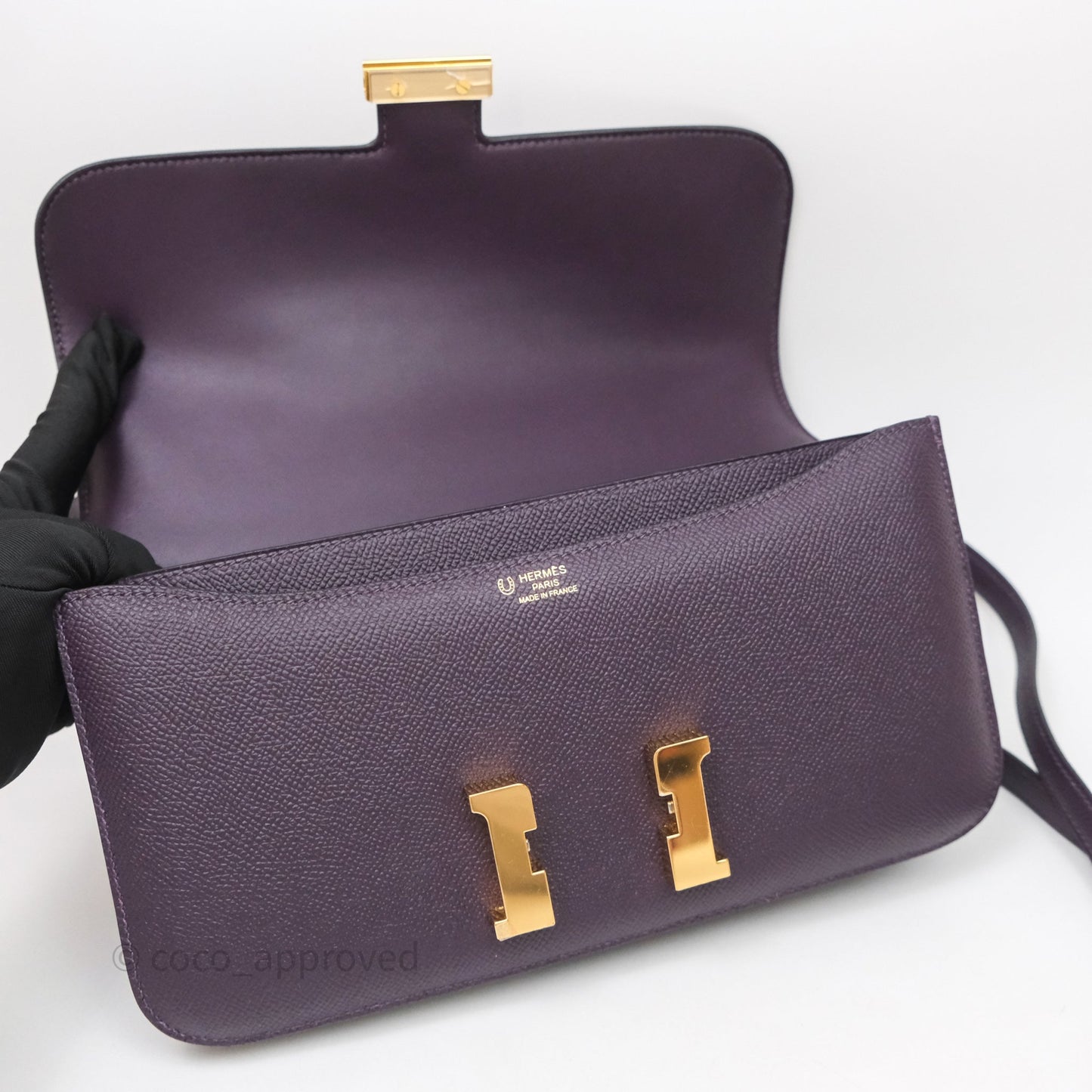 Hermès Constance Elan Raisin 59 Epsom Gold Hardware