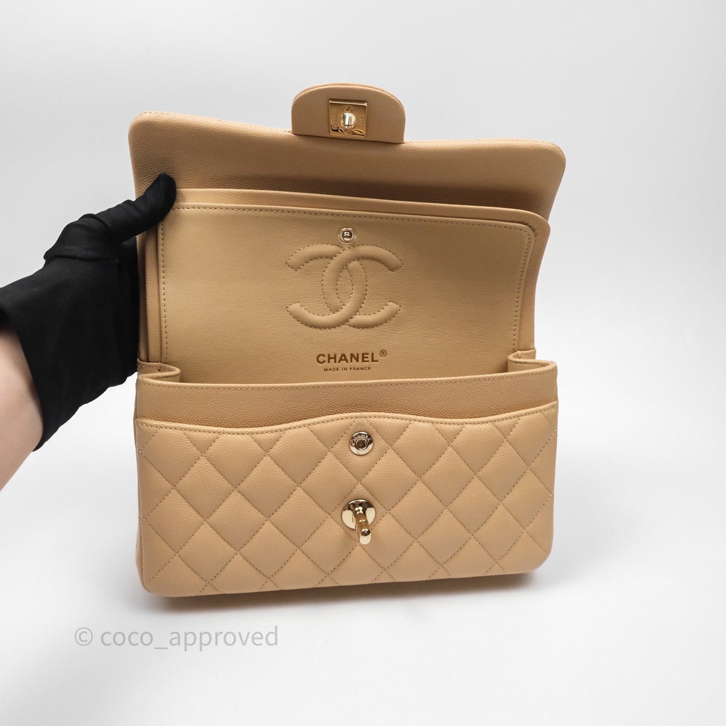Chanel Classic Small S/M Quilted Flap Beige Caviar Gold Hardware