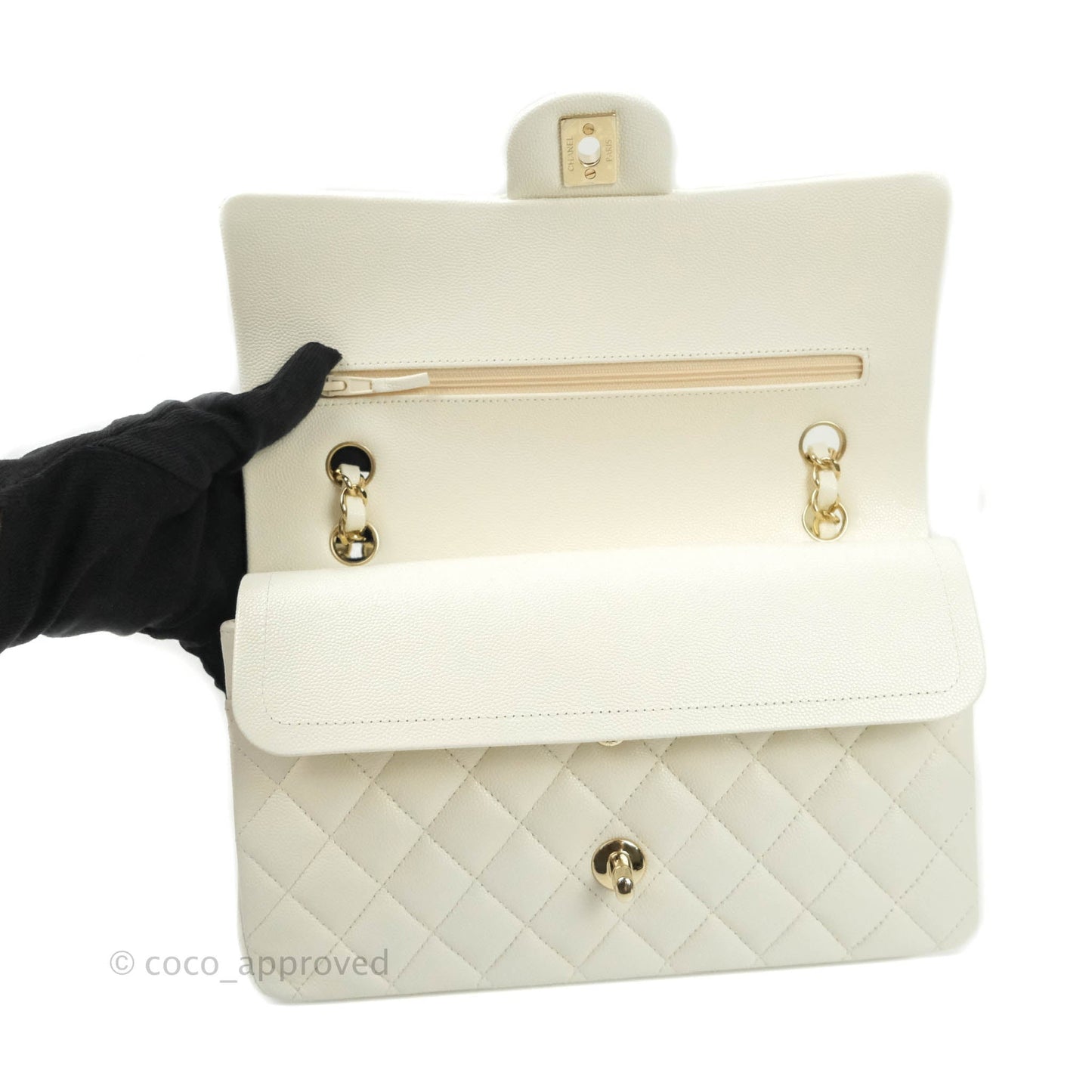 Chanel Classic M/L Medium Double Flap Ivory White Caviar Gold Hardware