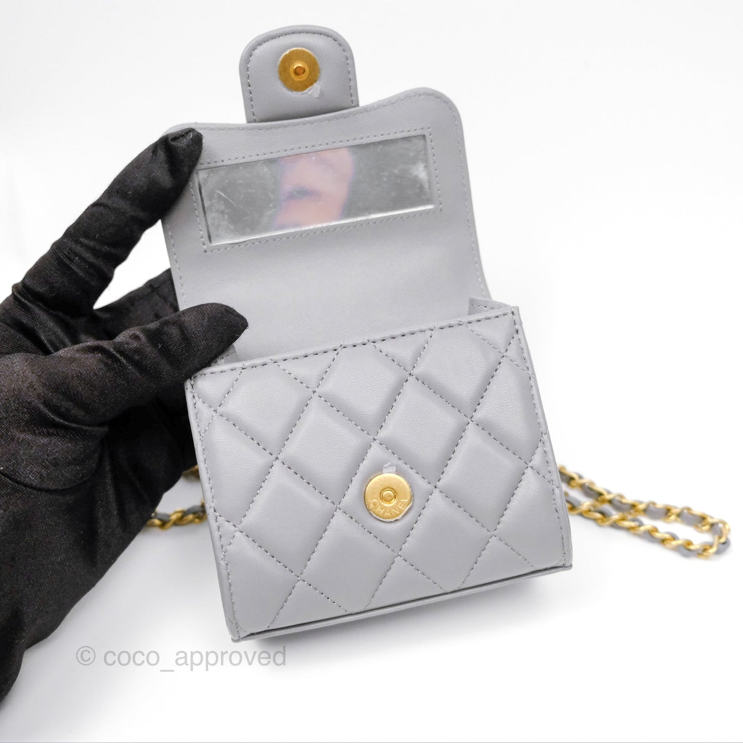 Chanel Mini Metal Handle Clutch With Chain Grey Lambskin Gold Hardware
