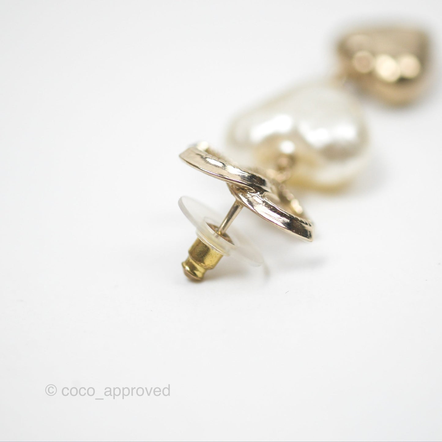 Chanel CC Pearl Heart Drop Earrings Gold Tone 22C