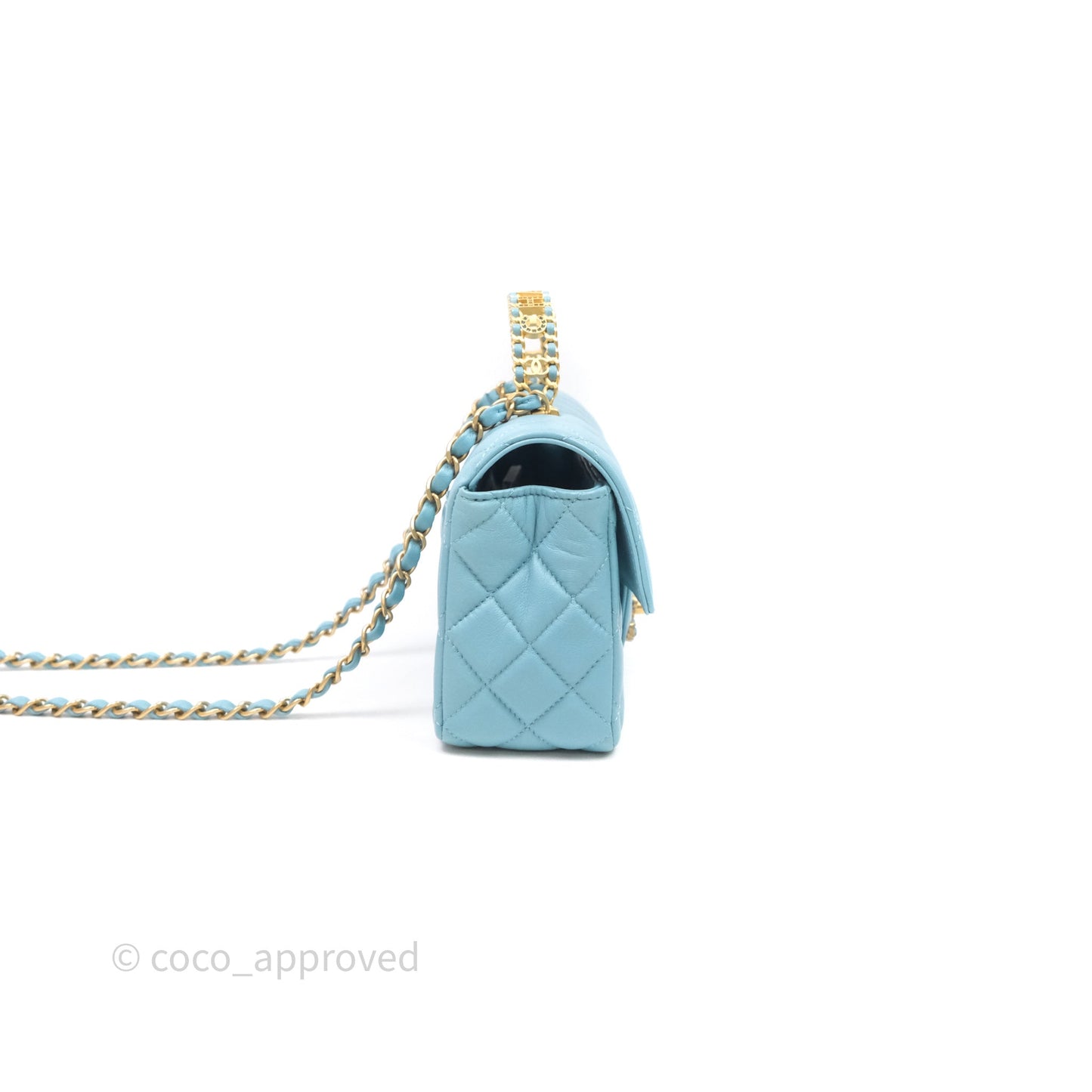 Chanel Flap Bag with Crystal Logo Top Handle Tiffany Blue Lambskin Aged Gold Hardware