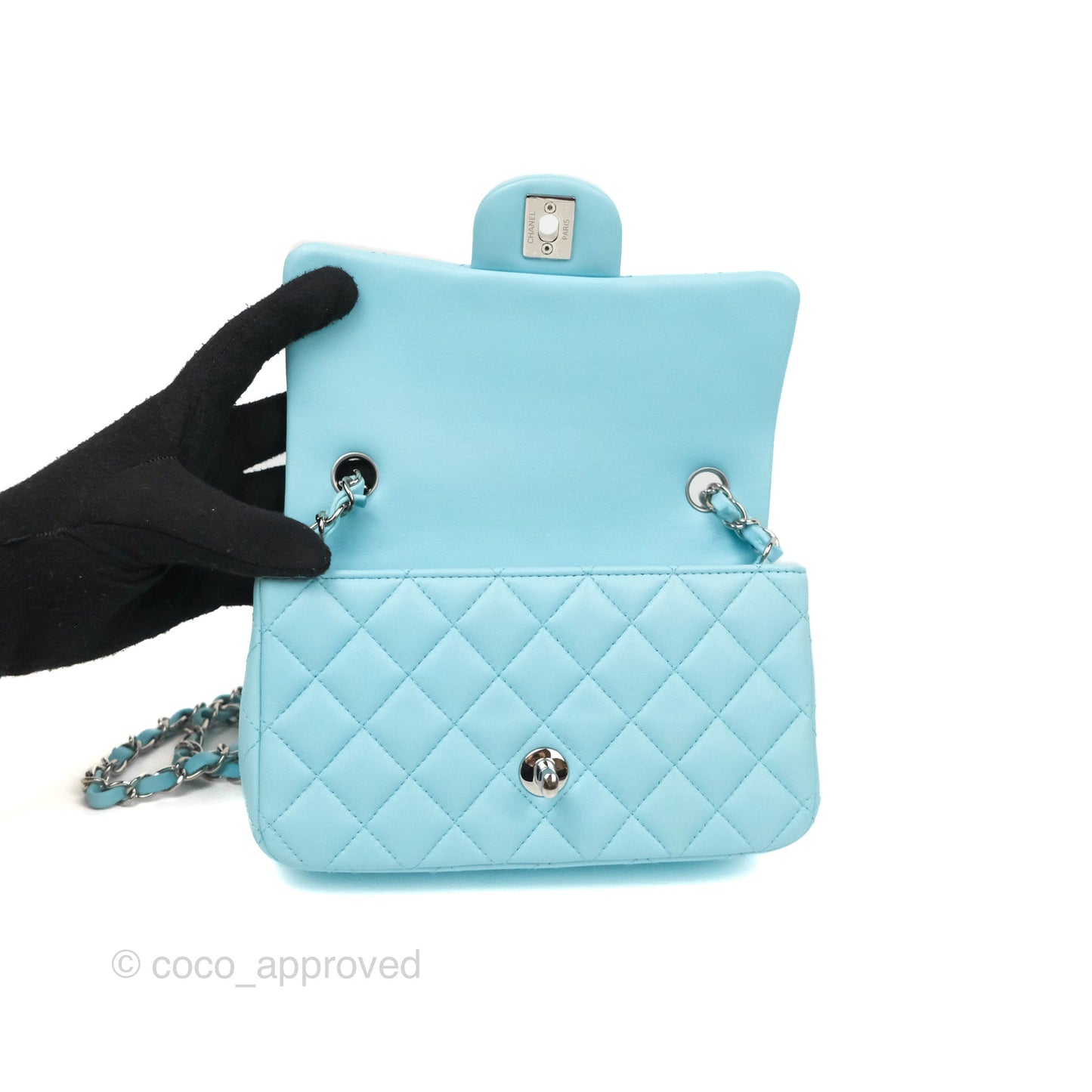 Chanel Quilted Mini Rectangular Flap Neon Blue Lambskin Silver Hardware 21S