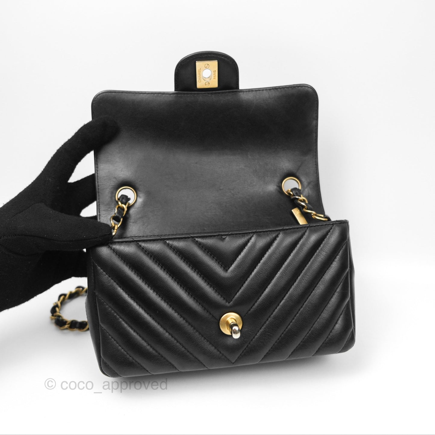 Chanel Chevron Mini Rectangular Black Lambskin Aged Gold Hardware