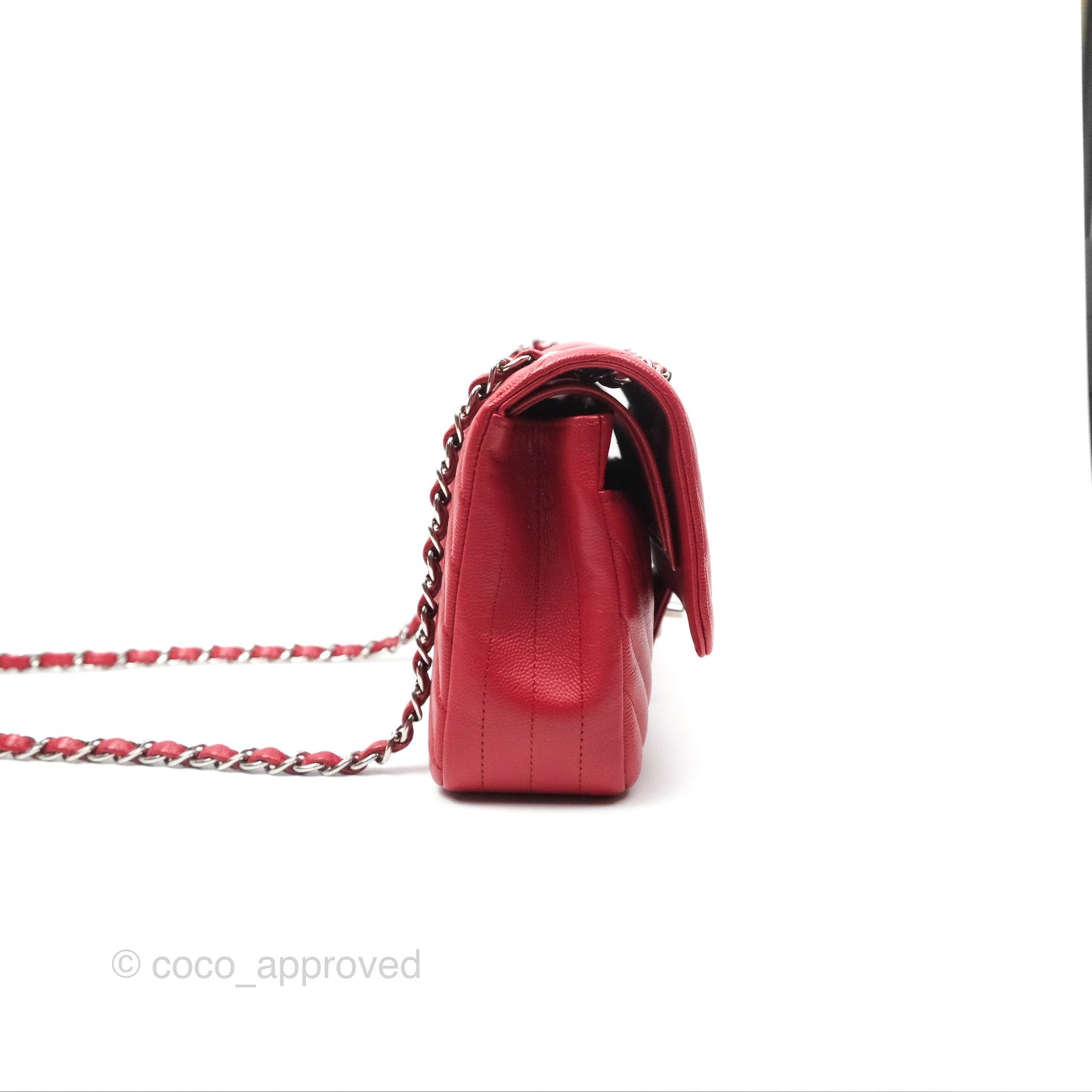 Chanel Medium Classic Flap Chevron Red Caviar Silver Hardware
