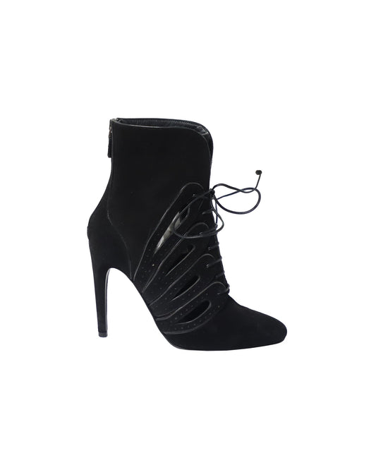 Luxury Bottega Veneta Cutout Lace-Up Detail Ankle Boots in Black Suede