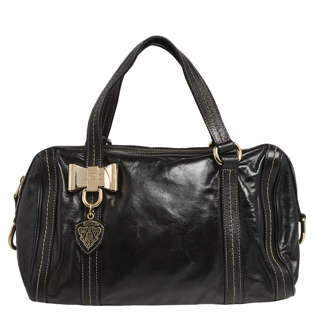 Luxury Gucci Trending 2025 Black Leather Duchessa Boston Bag..