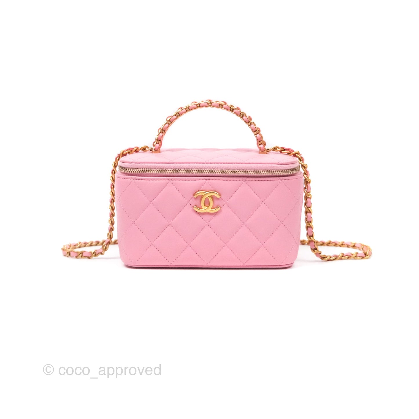 Chanel Vanity Rectangular with Top Handle Pink Lambskin Aged Gold Hardware