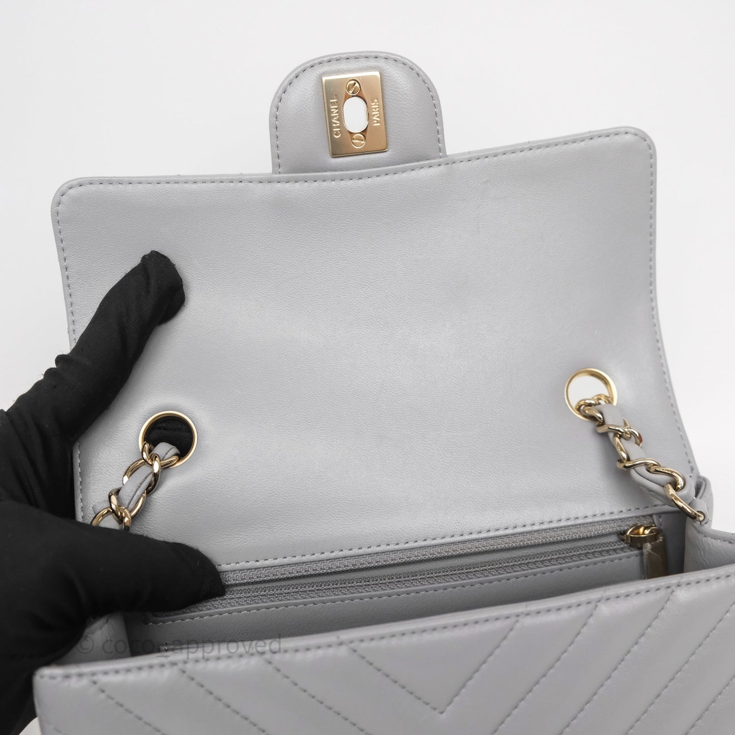 Chanel Mini Rectangular Chevron Grey Lambskin Light Gold Hardware