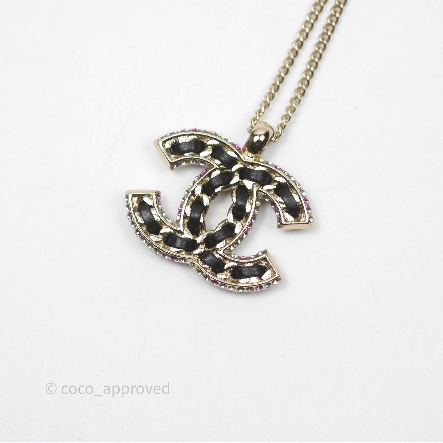 Chanel Crystal Black leather CC Necklace Gold Tone 21P