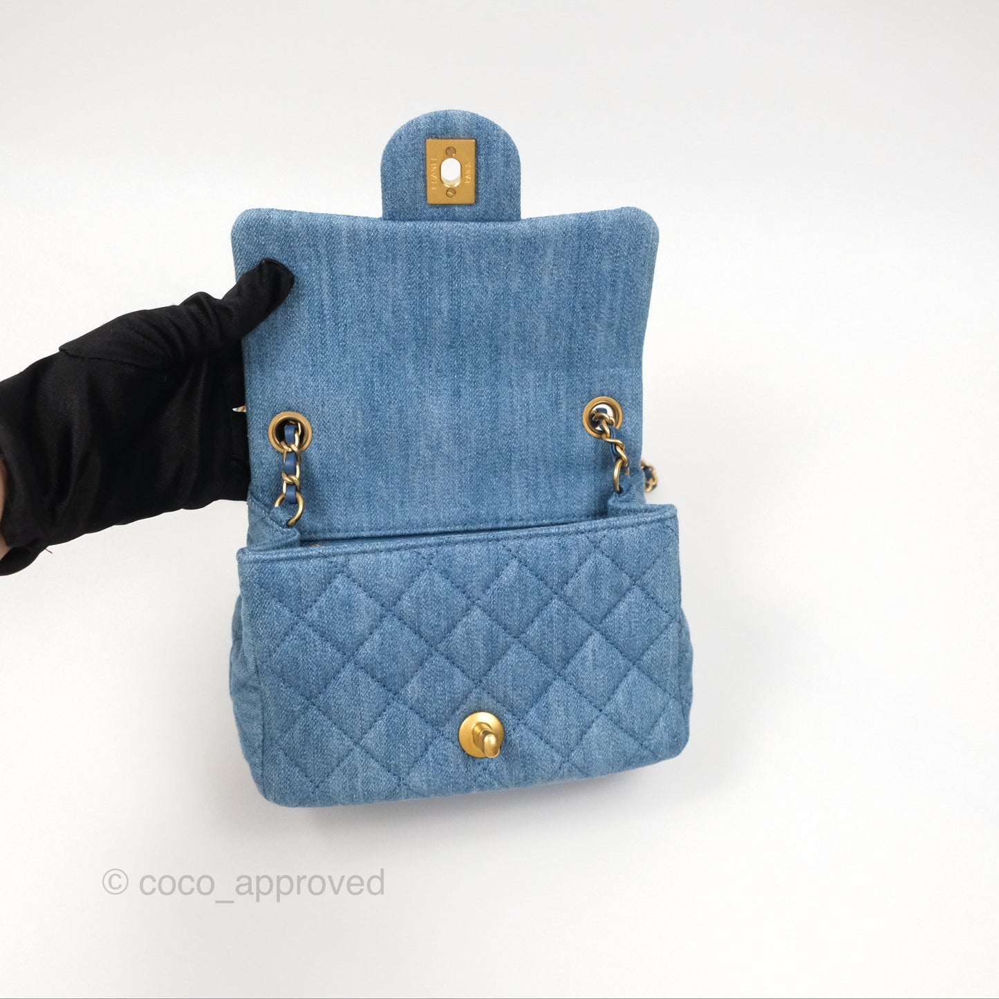 Chanel Mini Square Pearl Crush Quilted Denim Aged Gold Hardware