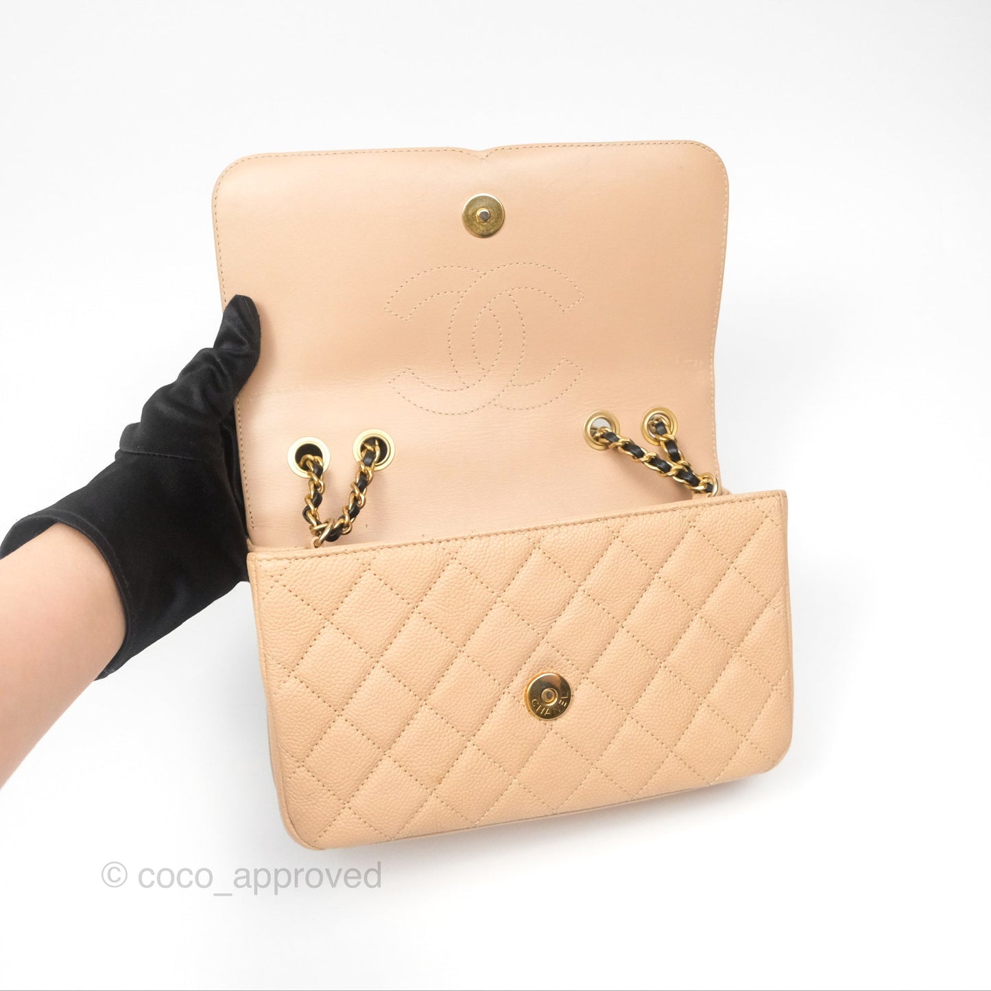 Chanel Small CC Filigree Flap Quilted Beige Black Caviar
