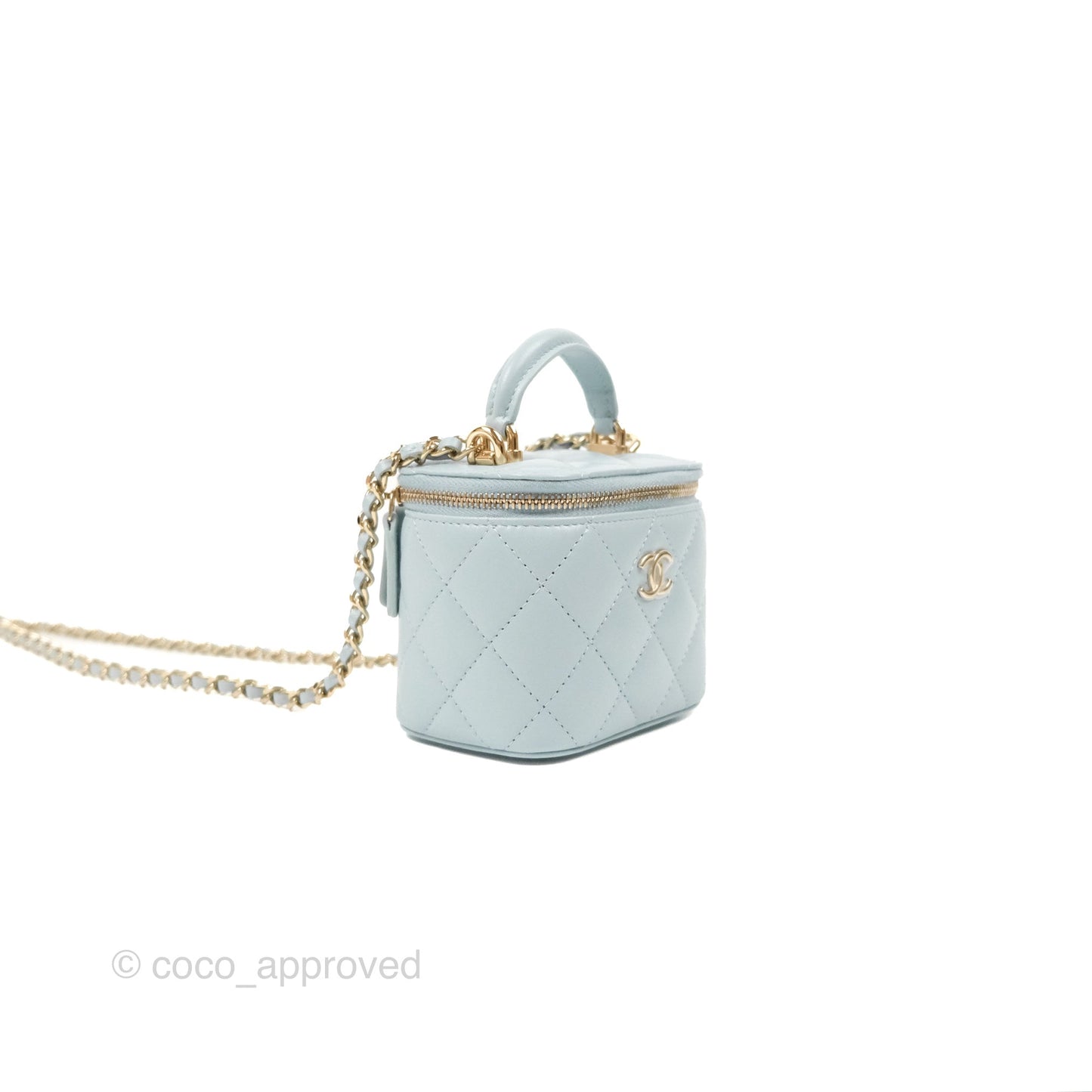 Chanel Mini Top Handle Vanity With Chain Light Blue Lambskin Gold Hardware