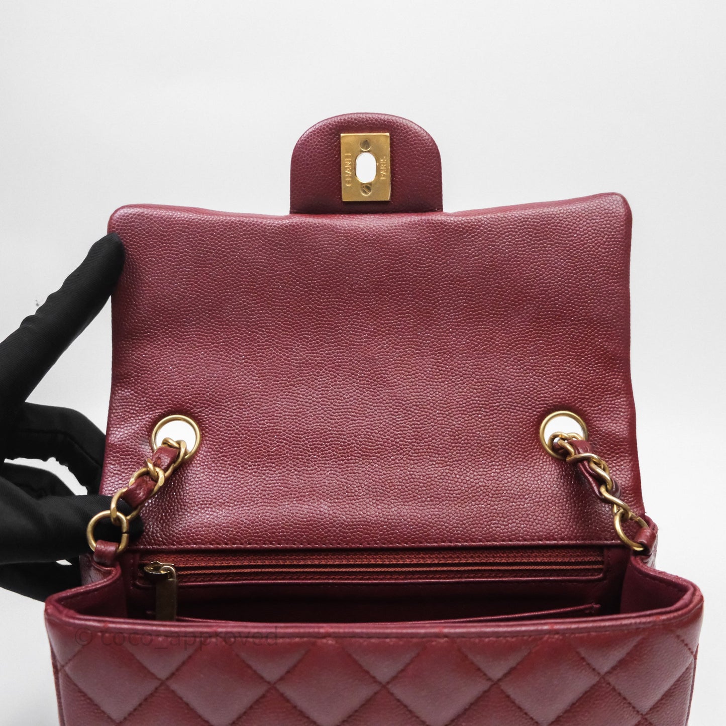 Chanel Classic Quilted Mini Rectangular Flap Burgundy Caviar Aged Gold Hardware