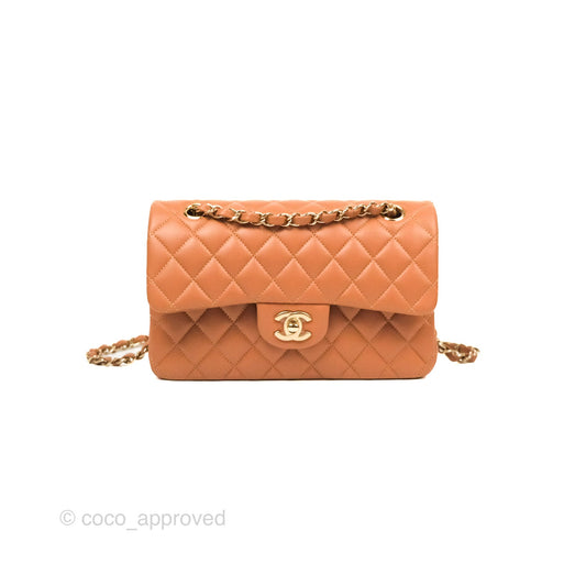 Chanel Small Classic Quilted Flap Dark Beige Caramel Lambskin Gold Hardware