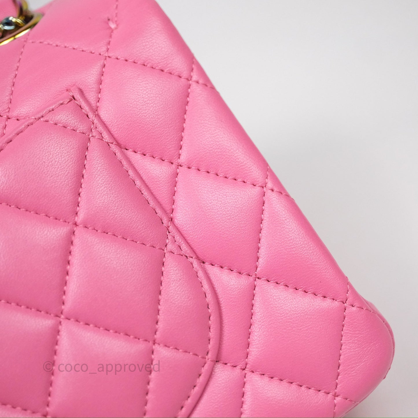 Chanel Small Classic Flap Quilted Pink Lambskin Rainbow Hardware