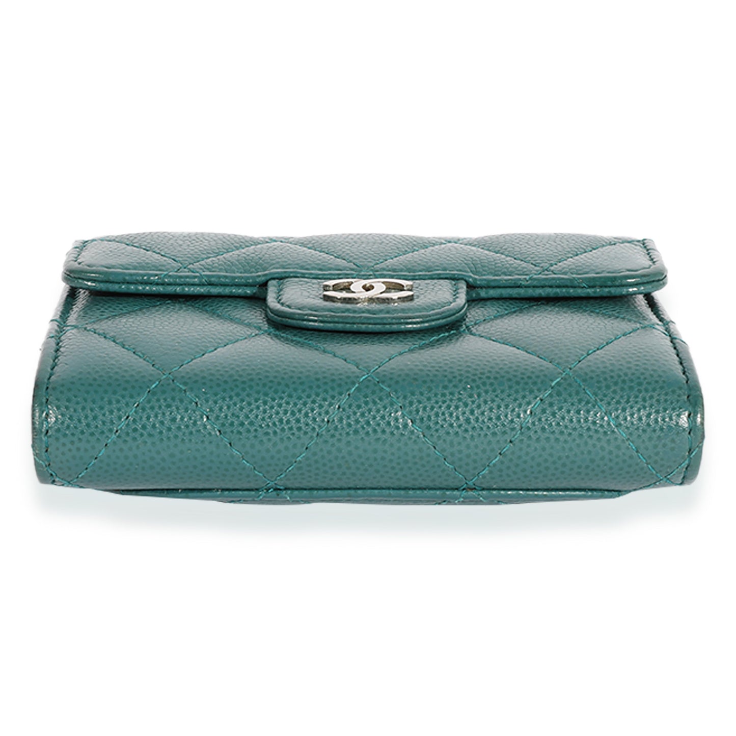 CHANEL Teal Quilted Caviar Classic Card Holder on Chain