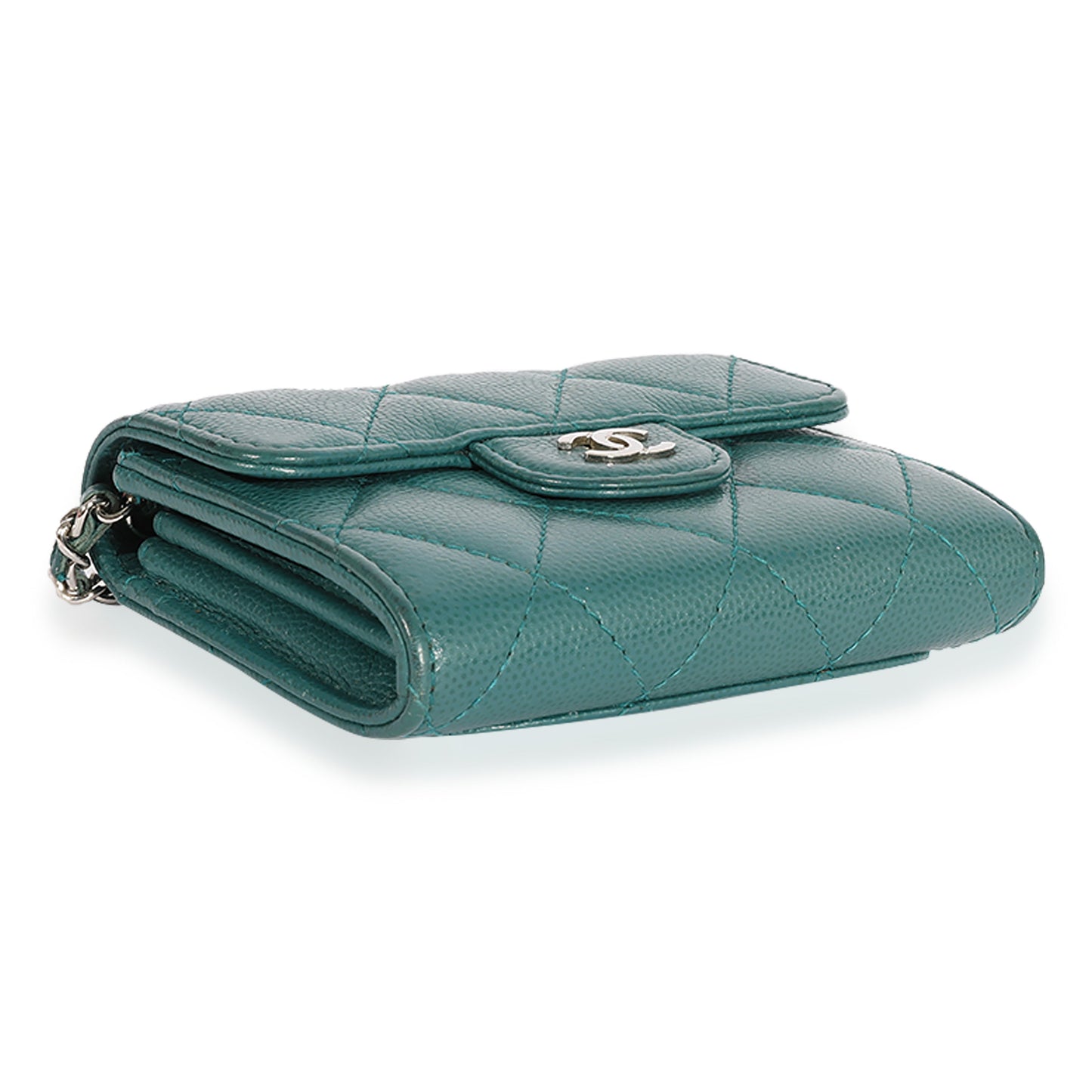CHANEL Teal Quilted Caviar Classic Card Holder on Chain