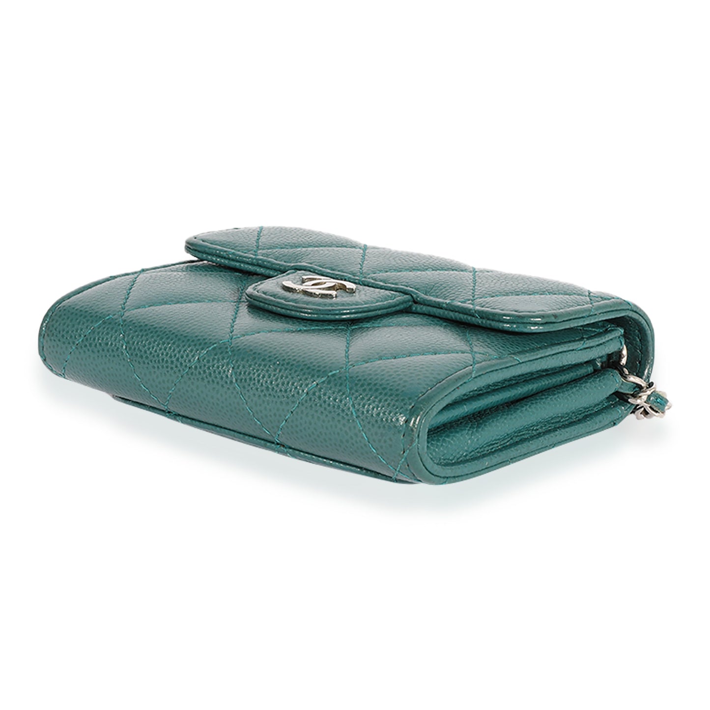 CHANEL Teal Quilted Caviar Classic Card Holder on Chain