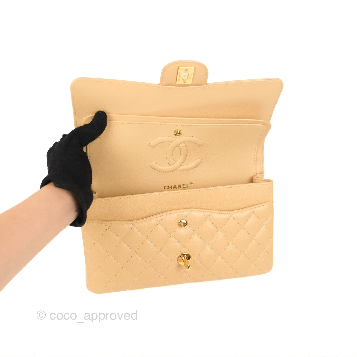 Chanel Classic M/L Medium Flap Quilted Beige Caviar Gold Hardware