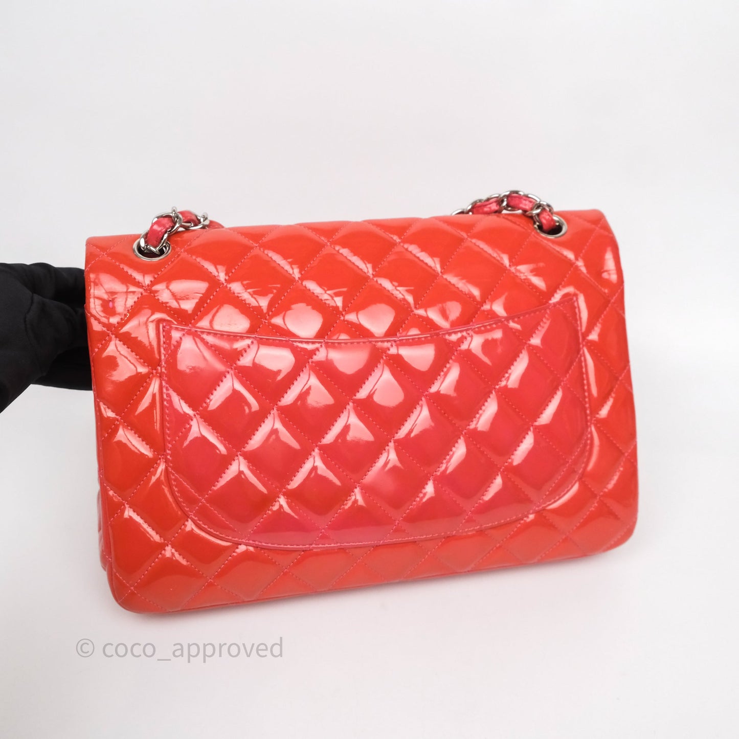Chanel Jumbo Double Flap Red Orange Patent Silver Hardware⁣⁣