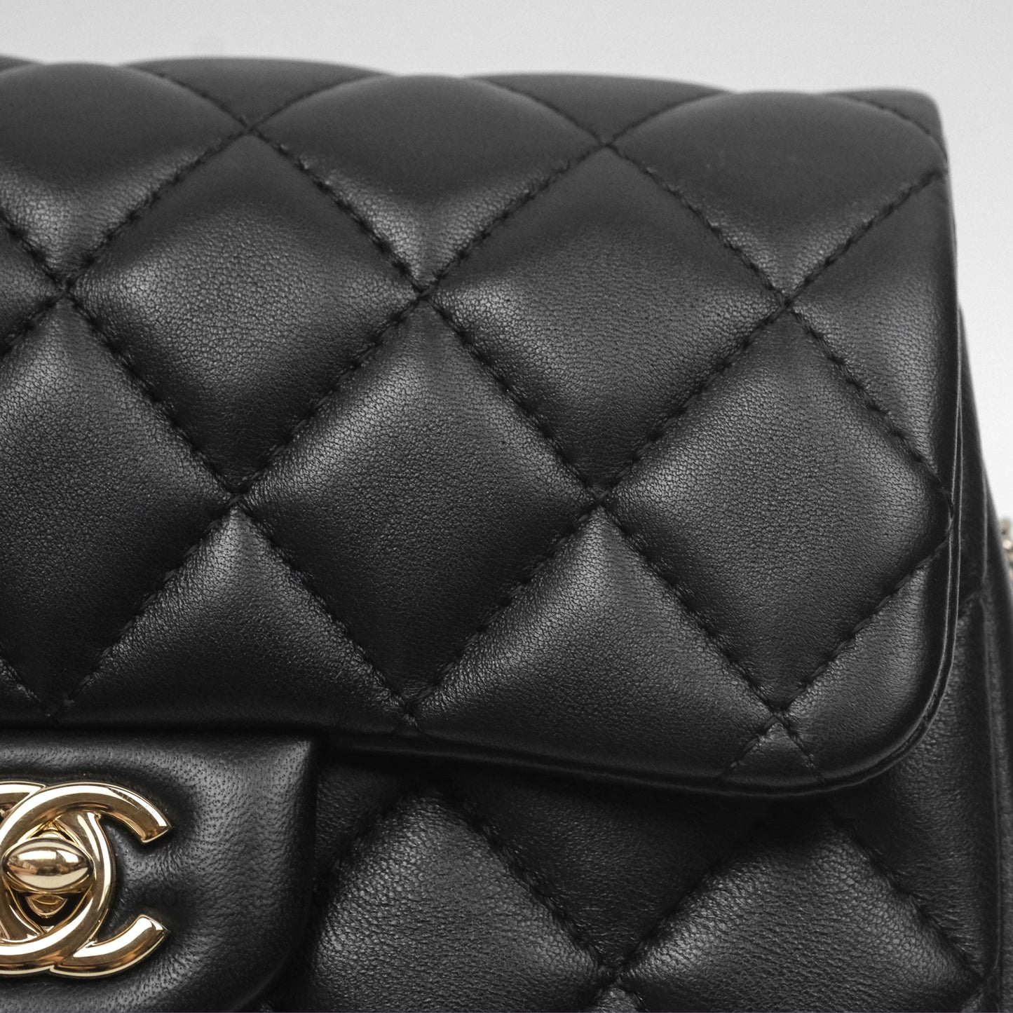 Chanel Logo Pearl Chain Flap Bag Black Lambskin Gold Hardware