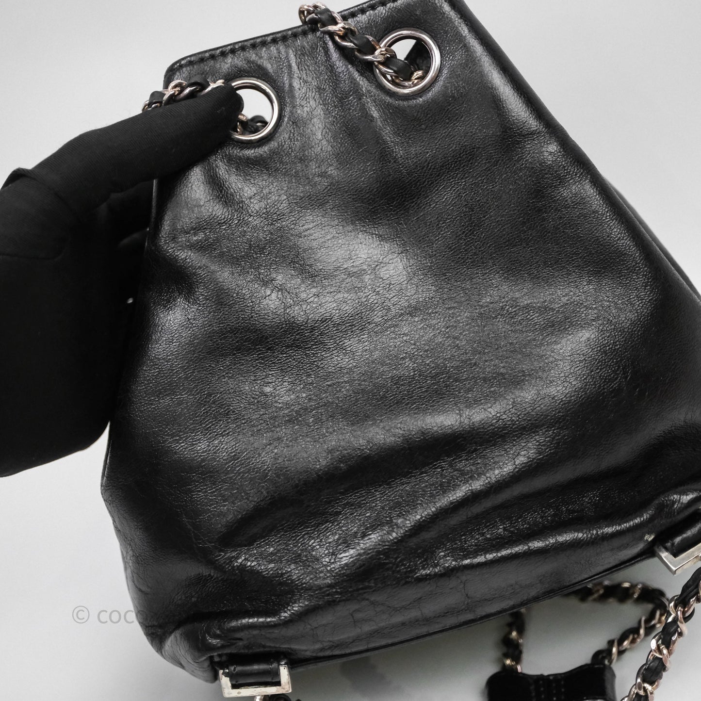 Chanel Vintage CC Drawstring Bag Black Calfskin Silver Hardware