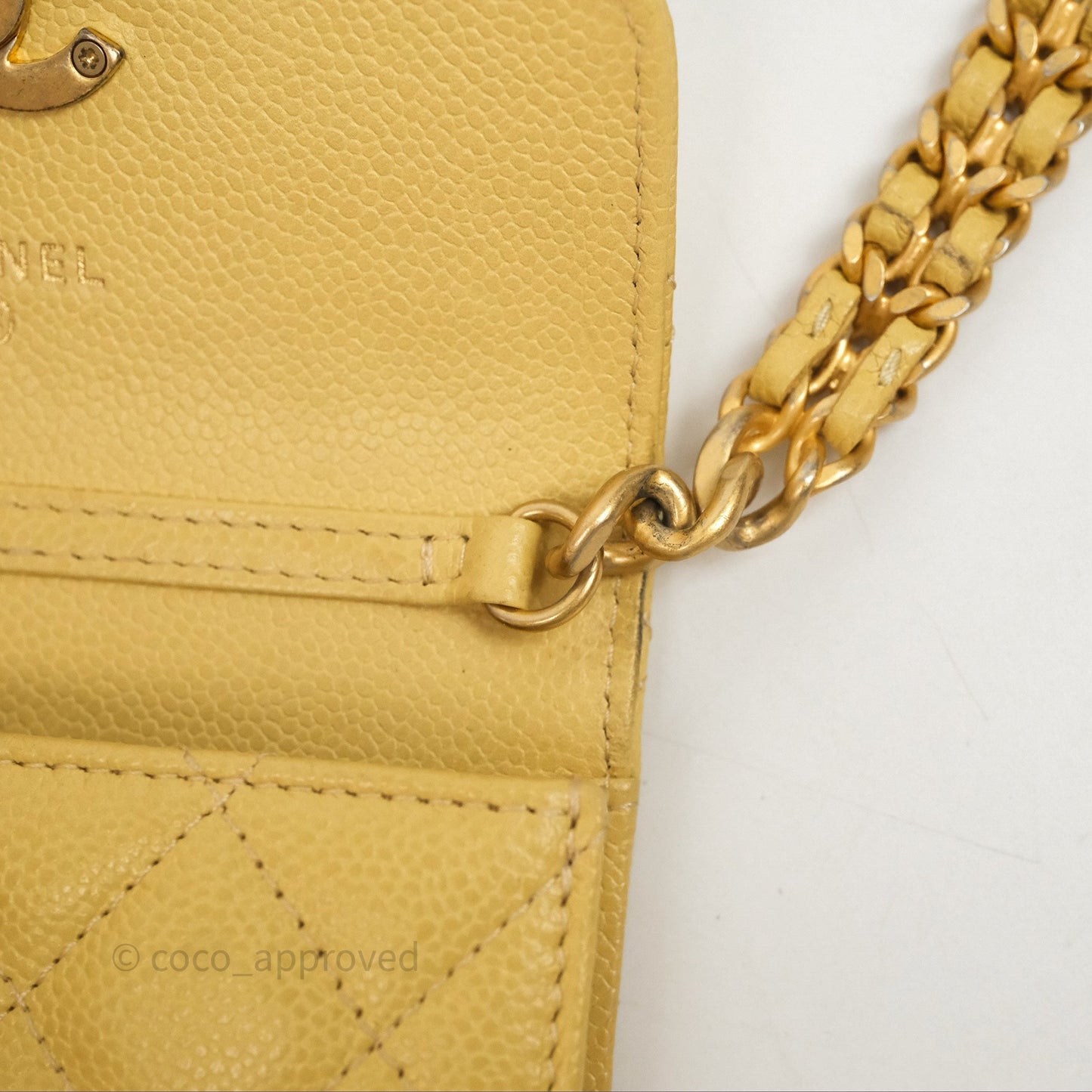 Chanel Mini Clutch With Chain Yellow Caviar Aged Gold Hardware