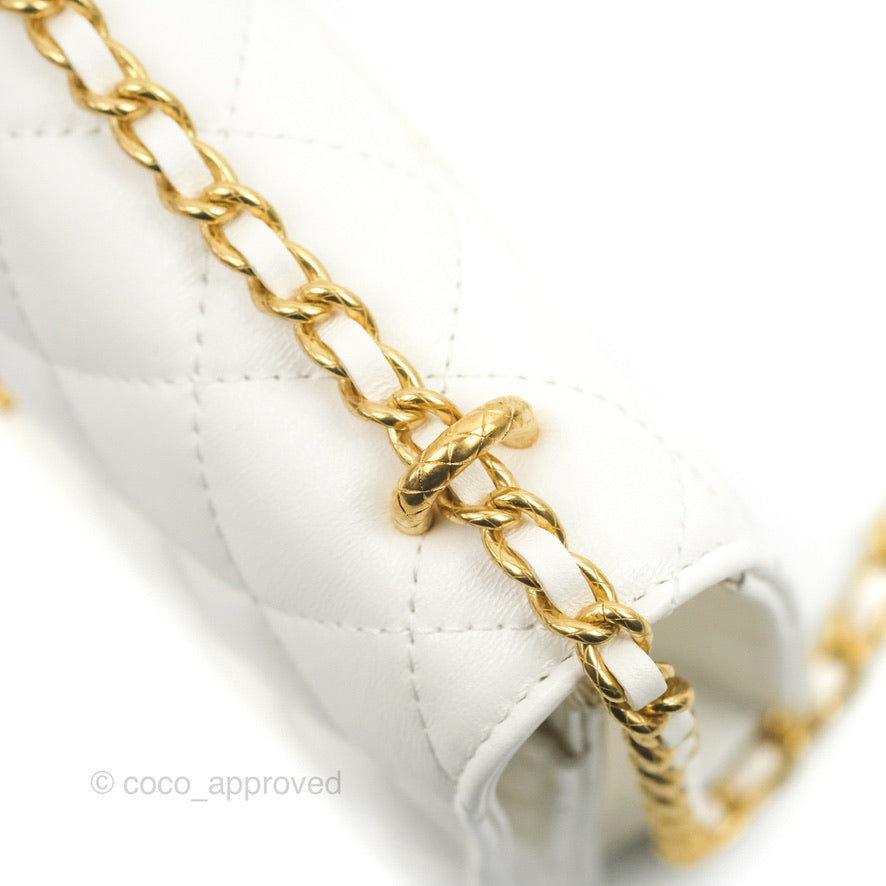 Chanel Quilted Double Chain WOC White Shiny Lambskin Aged Gold Hardware 23C