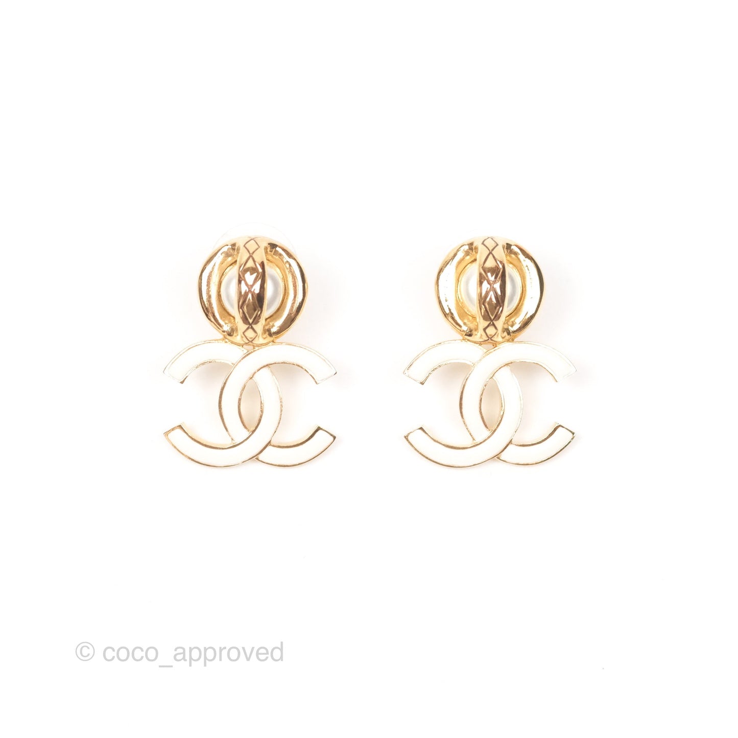 Chanel Pearl Ball Crystal CC Drop Earrings Gold Tone 22S